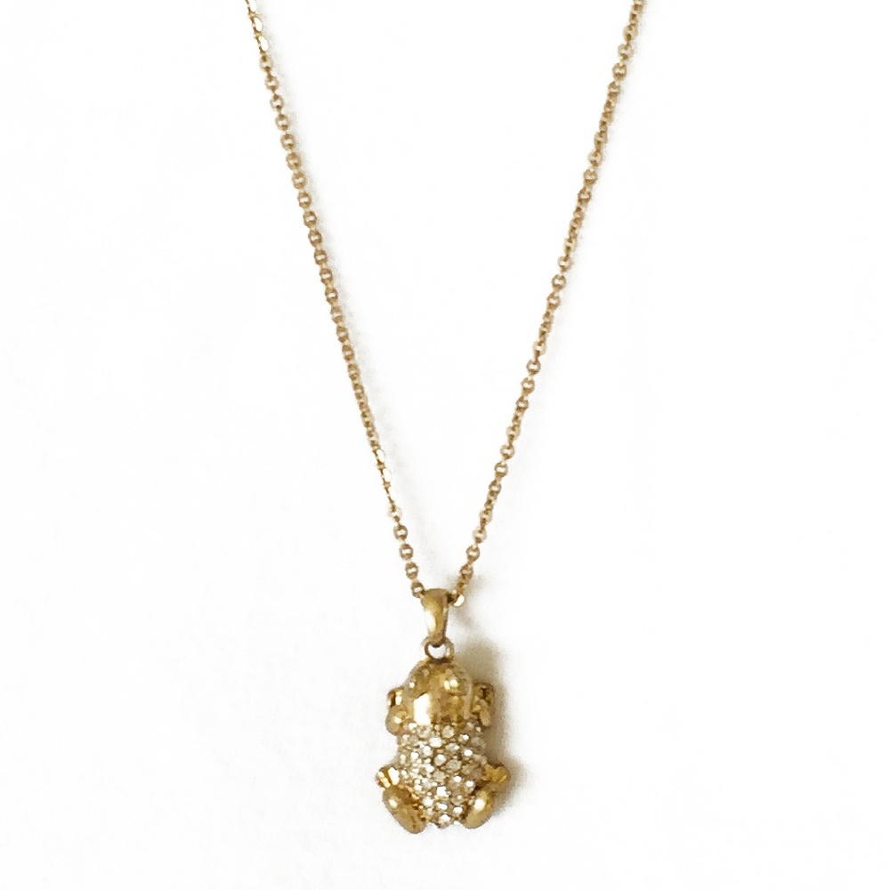 J. Crew Crystal Encrusted Gold Tone Frog Charm Pendant Necklace - 32” Length